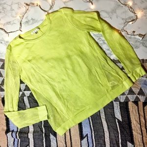 CAbi Split back mesh lime green sweater Style 199